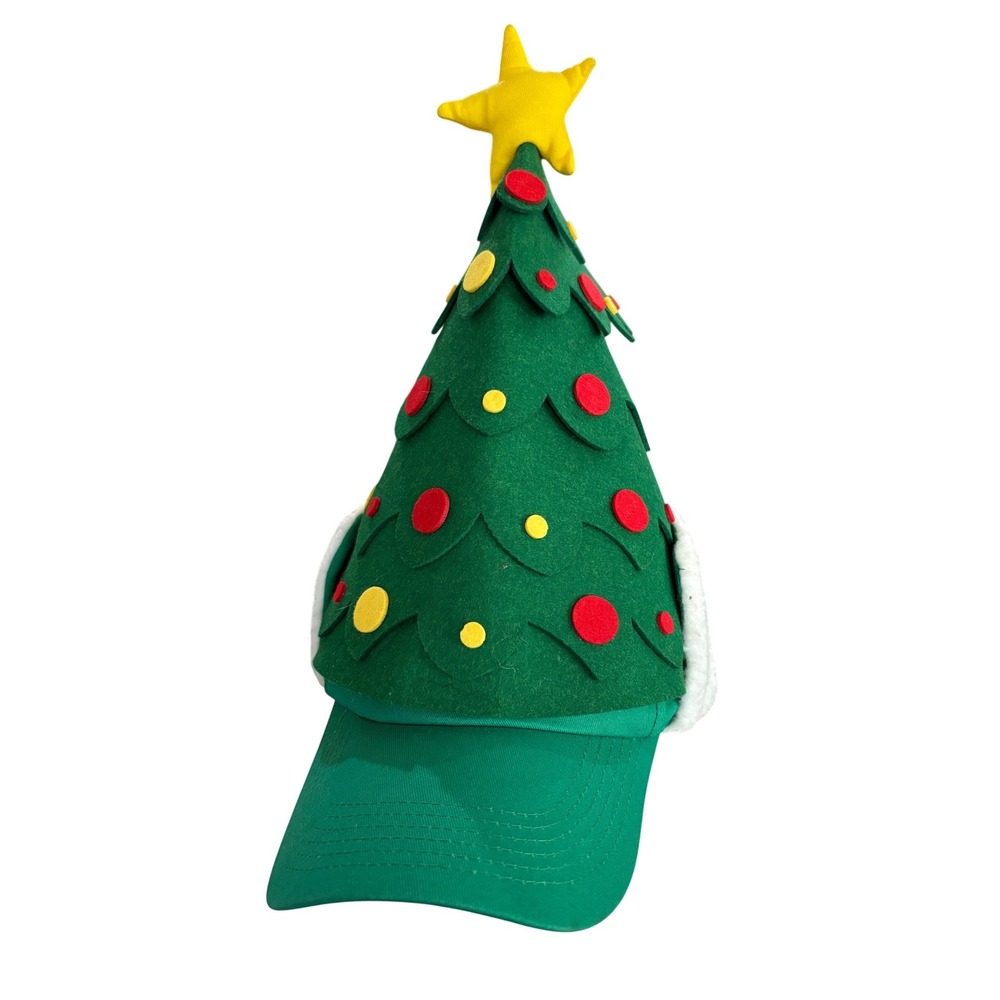 Tipsy Elves Christmas Tree Hat Green 3D Felt Ornaments Sherpa Ear Flaps Snapback